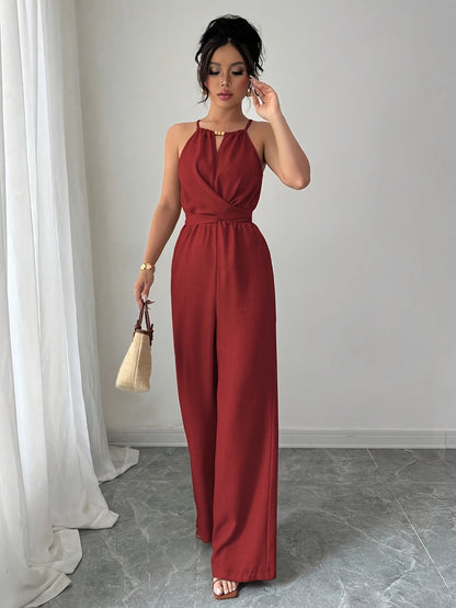 Women'S Elegant Off-Shoulder Twist Front Jumpsuit - Beige Wide-Leg Jumpsuit with Adjustable Waist Tie, Perfect for Spring & Summer Casual or Dressy Outfits, Casual Chic Wear | Offshoulder Fashion | Polyester Fabric