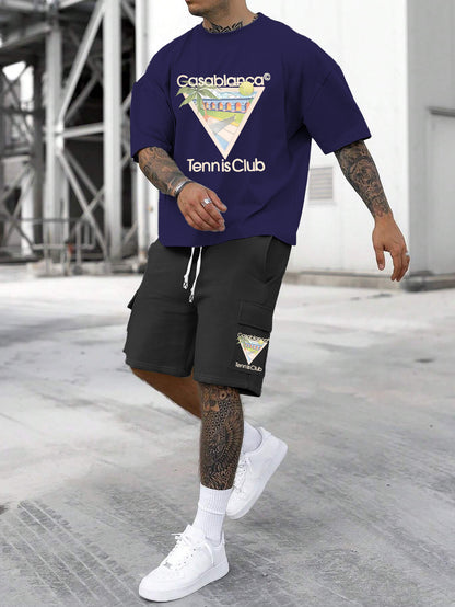 New Loose Fit Breathable Men's Crew Neck Short Sleeve T-Shirt and Workwear Style Multi-Pocket Shorts Set, Summer Casual Sportswear Two-Piece Outfit, Stylish Versatile Top and Pants for Both Men and Women