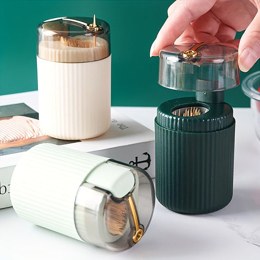 1pc, Toothpick Box, Light Luxury Creative Storage Toothpick Box, Creative Design Swab Jar, Automatic Release Press-type Plastic Toothpick Box, Dental Floss Box, Home Accessories