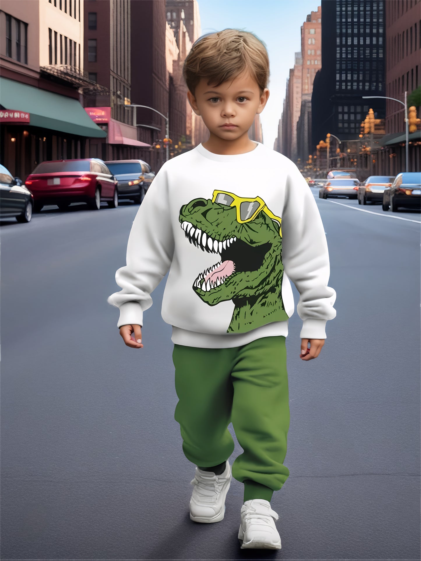 2pcs boys' casual sweatshirt and pants set with cool dinosaur print, perfect for autumn and winter seasons. Ideal as a gift or for leisure, sports, and vacation activities. Suitable for outdoor wear, Perfect for Outdoor