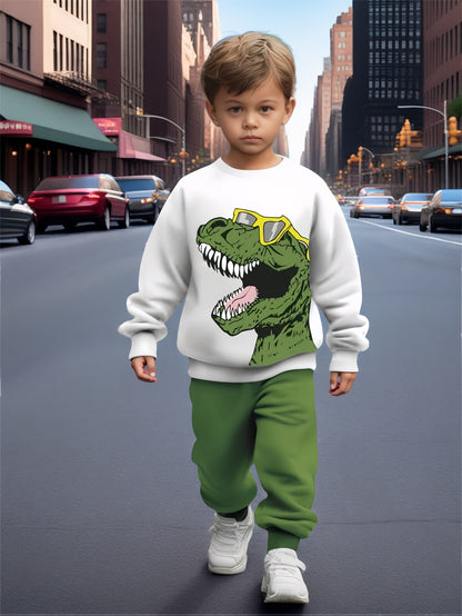 2pcs boys' casual sweatshirt and pants set with cool dinosaur print, perfect for autumn and winter seasons. Ideal as a gift or for leisure, sports, and vacation activities. Suitable for outdoor wear, Perfect for Outdoor