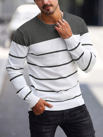 Men's Casual Striped Knit Pullover Sweater - Navy & White Contrast, Regular Fit H-Silhouette, Long Sleeve Crew Neck, Medium Stretch, Machine Washable for Spring & Fall, Mediumstretch Fabric