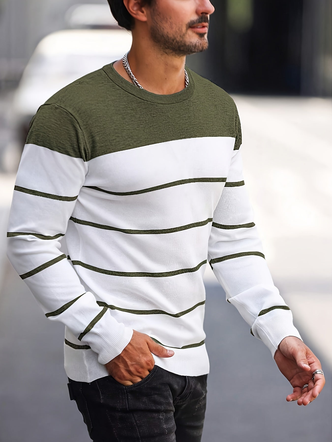 Men's Casual Striped Knit Pullover Sweater - Navy & White Contrast, Regular Fit H-Silhouette, Long Sleeve Crew Neck, Medium Stretch, Machine Washable for Spring & Fall, Mediumstretch Fabric