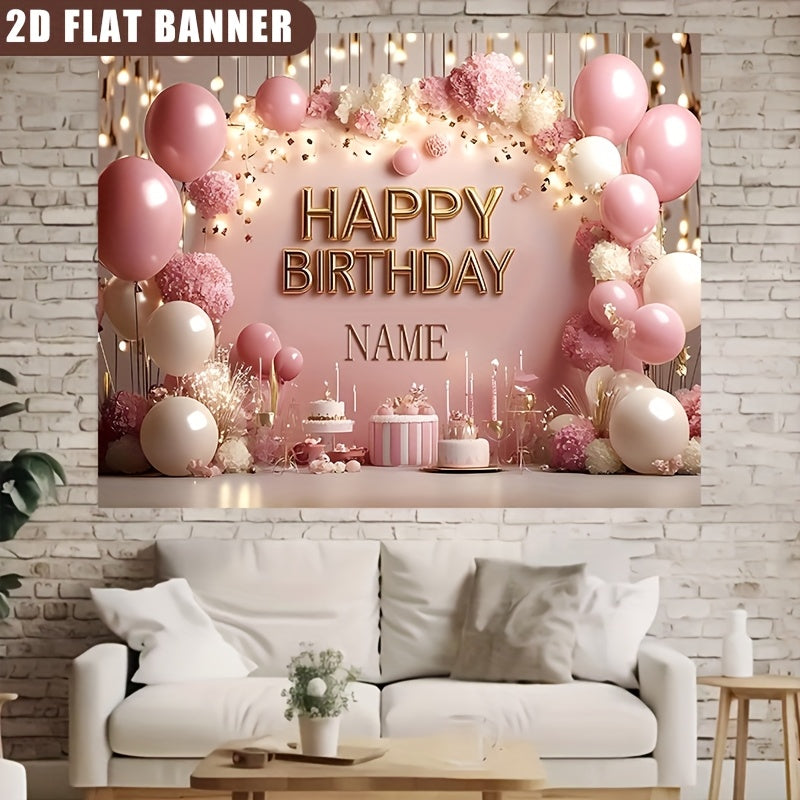 2D Flat, 1pc Customizable Princess-Themed Birthday Party Banner - Sparkling Pink Floral & Cake Design, Vinyl Inkjet Print, Personalized Name Option, Perfect for Wall Decor & Event Signage, Birthday Party Decorations