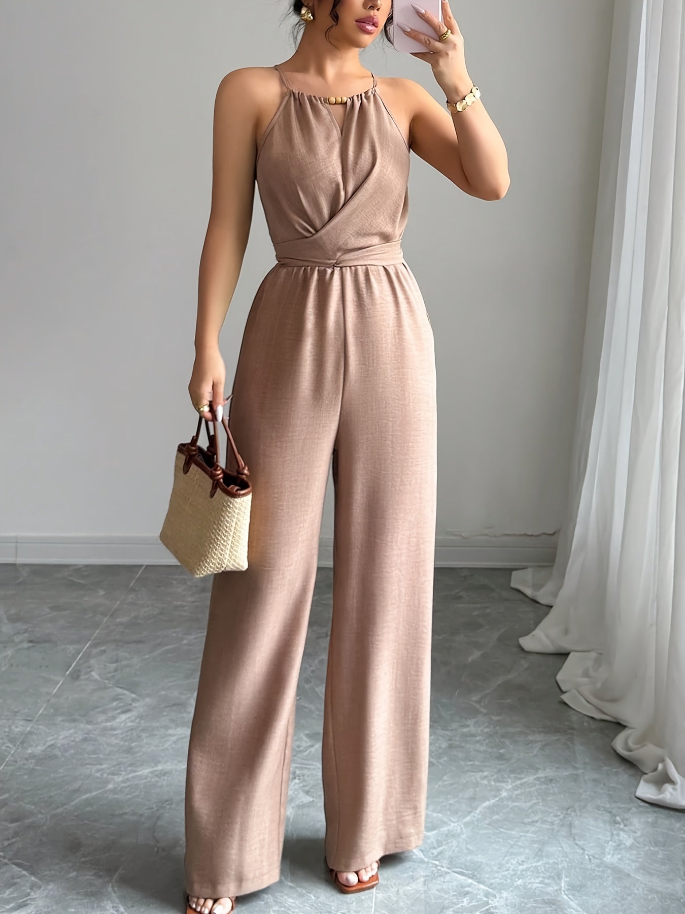 Women'S Elegant Off-Shoulder Twist Front Jumpsuit - Beige Wide-Leg Jumpsuit with Adjustable Waist Tie, Perfect for Spring & Summer Casual or Dressy Outfits, Casual Chic Wear | Offshoulder Fashion | Polyester Fabric