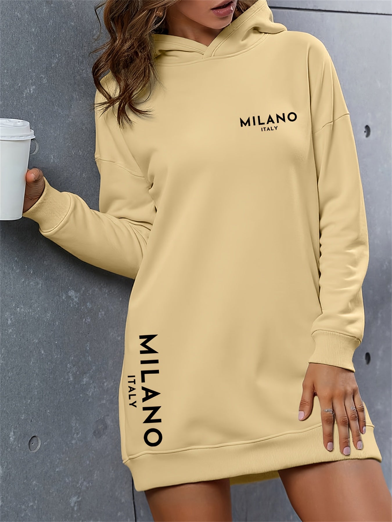 Milano Women'S Casual Hooded Sweatshirt Dress - Long Sleeve, Loose Fit, Thickened Letter Print Pullover with Round Neck, Perfect for Fall/Winter Fashion, Casual Wear Dress | Trendy Casual Style | Comfortable Wear