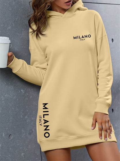 Milano Women'S Casual Hooded Sweatshirt Dress - Long Sleeve, Loose Fit, Thickened Letter Print Pullover with Round Neck, Perfect for Fall/Winter Fashion, Casual Wear Dress | Trendy Casual Style | Comfortable Wear