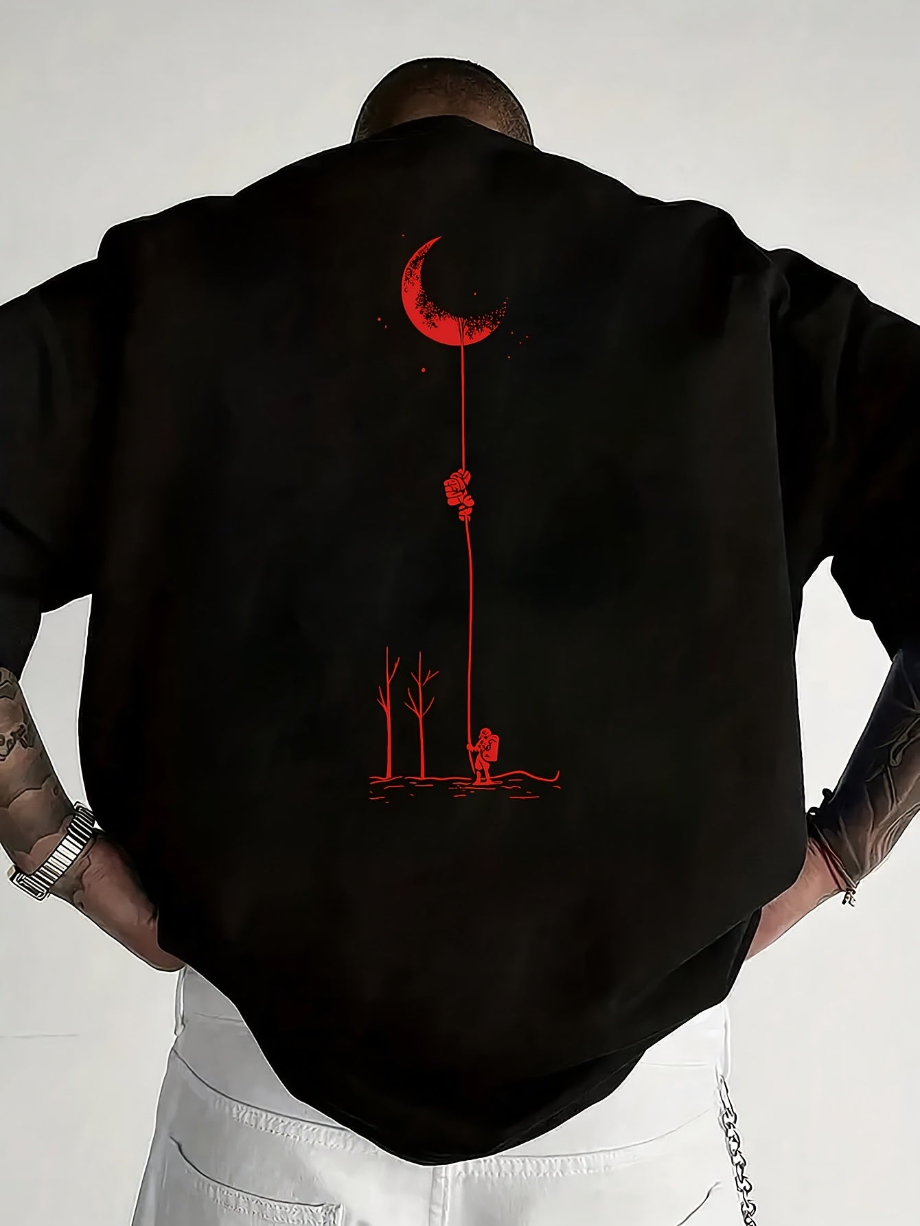 Men's Graphic Print Short Sleeve T-Shirt - Black Relaxed Fit Casual Round Neck, Durable Polyester Fabric, Machine Washable Summer Outdoor Top, Moon And Trees Design | Lightweight Clothing
