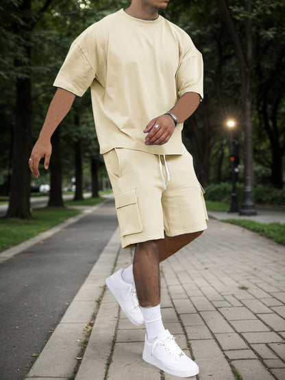 Summer Heavyweight FOG Color Earth Tone Short Sleeve Shorts Streetwear Loose Fashion Set