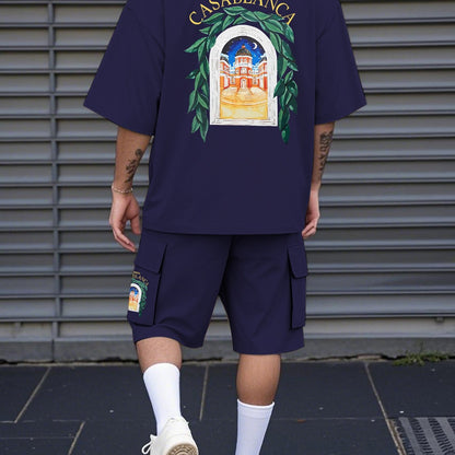 New Loose-Fitting Breathable Men'S Round Neck Short-Sleeved T-Shirt And Workwear Style Multi-Pocket Shorts Set Summer Leisure Sports Two-Piece Suit, Fashionable Sports Casual Versatile Tops And Pants for Men And Women