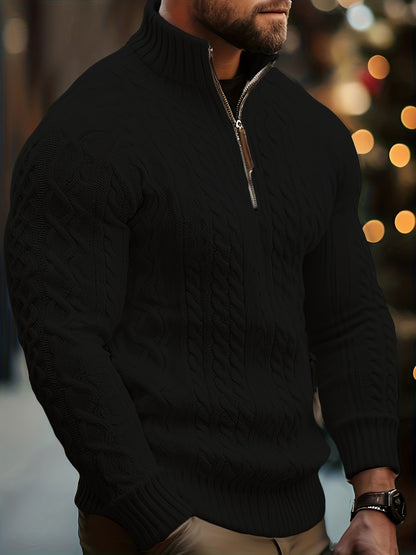 Men's Sweater, Half-High Collar Zip-Up Cable Knit Pullover with Adjustable Neckline, Classic Cable Weave Design, Minimalist and Versatile for Casual Wear, Mature and Stylish Look, Perfect for Autumn and Winter Seasons, Combin