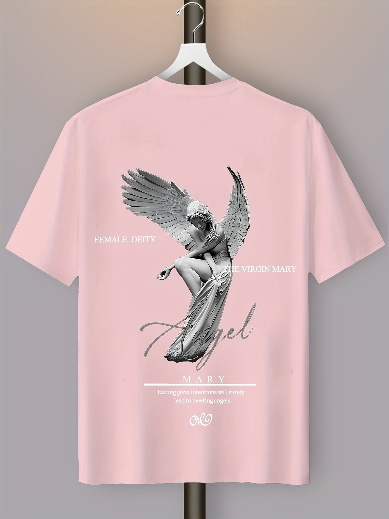 Men'S Casual Street Style Angel Graphic T-Shirt - "Female Devity" Print, Loose Fit, Polyester Blend, Summer Essential, Textured Look, Black with White Design, Short Sleeve, Round Neck, Perfect for Casual Attire, Everyday Tshi
