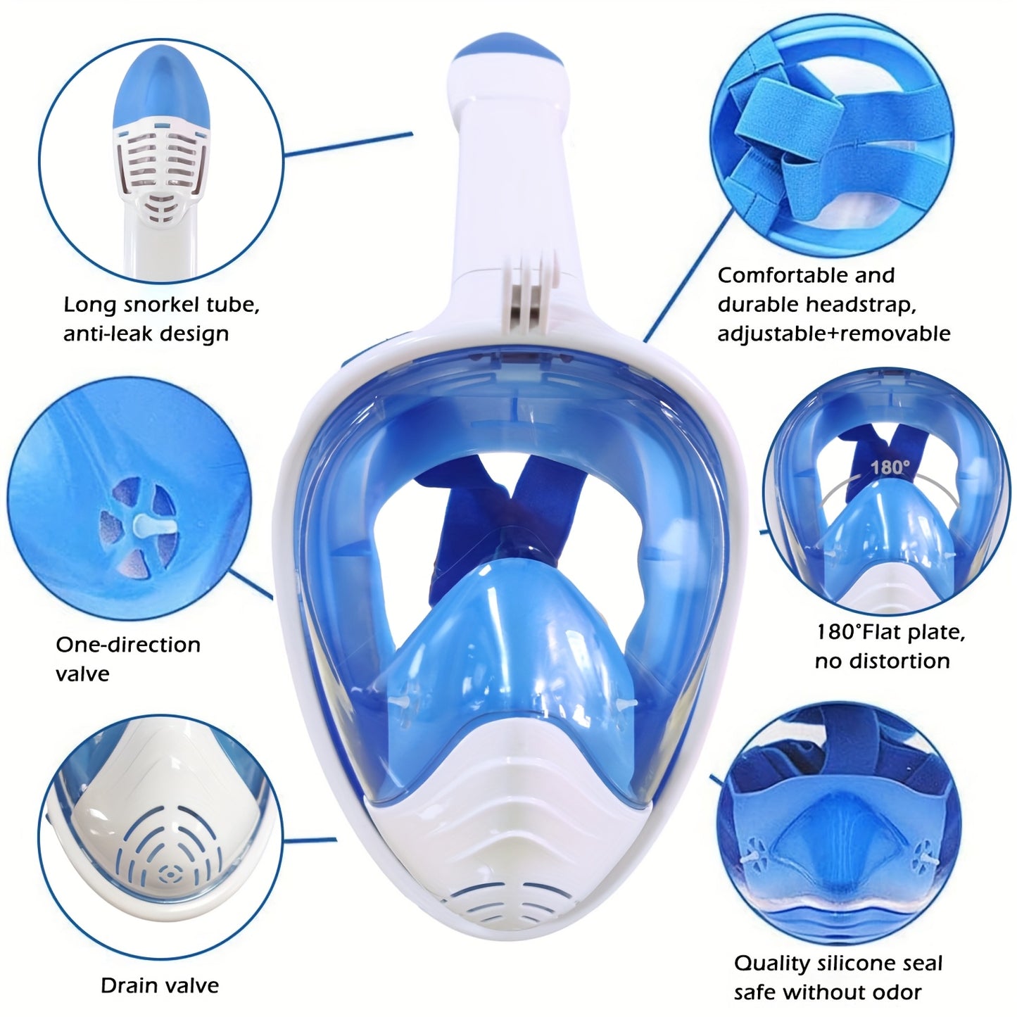 Adult Full-Face Snorkeling Mask with 180° Wide-View Panoramic Design, Detachable Camera Mount & Leakproof Seal - Black, 2 Sizes for Men & Women, Beach Vacation Gear, Durable Snorkeling Gear