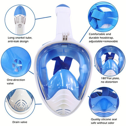 Adult Full-Face Snorkeling Mask with 180° Wide-View Panoramic Design, Detachable Camera Mount & Leakproof Seal - Black, 2 Sizes for Men & Women, Beach Vacation Gear, Durable Snorkeling Gear