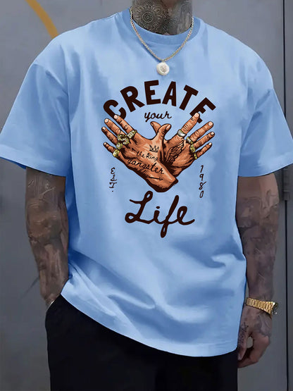 Men's Short-Sleeve T-Shirt with Inspirational "CREATE Your Own Life" Print & Prayer Hands Design - Elastic Round Neck, Breathable Fabric for Summer Outdoor Activities, Casual Comfort Fit, Machine Washable, Artistic Lifestyle