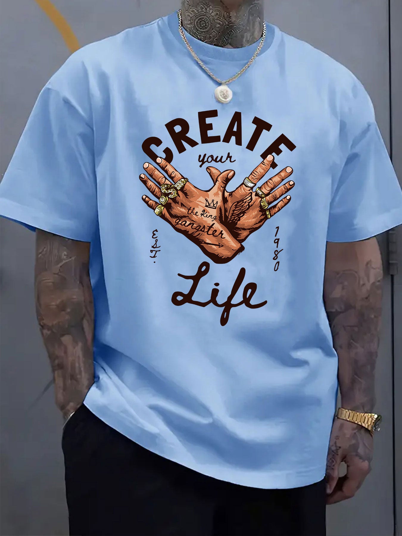 Men's Short-Sleeve T-Shirt with Inspirational "CREATE Your Own Life" Print & Prayer Hands Design - Elastic Round Neck, Breathable Fabric for Summer Outdoor Activities, Casual Comfort Fit, Machine Washable, Artistic Lifestyle