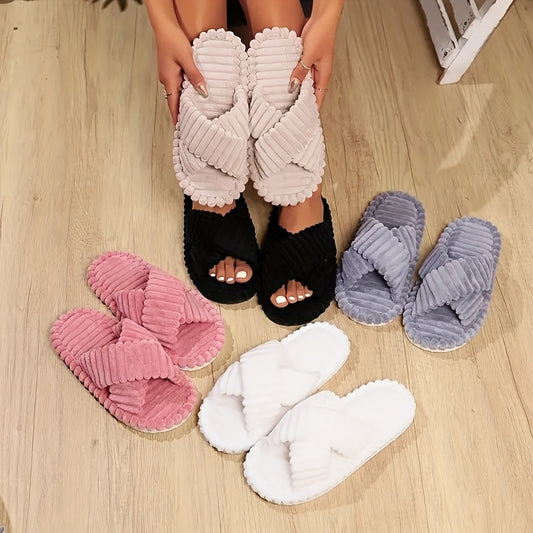 Women'S Cozy Open-Toe Fuzzy Slippers - Soft Plush Fabric, EVA Sole, Solid Color, Comfortable Indoor Quiet Shoes for All Seasons, House Slipper