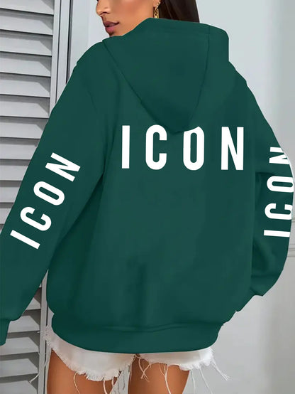 1pc Women'S Pink Hoodie with "ICON" Letter Print - Cozy Long-Sleeve Zip-Up Sweatshirt, Machine Washable, Casual Fall/Winter Pullover with Pockets, Casual Winter Wear | Trendy Casual Hoodie | Machine Washable Fabric