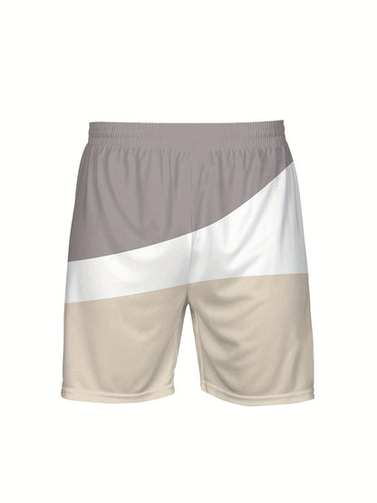 Men'S 3D Print Short Sleeve Set - Casual Athletic Beachwear with "Just & Vibes" Graphic, Beige & Gray, Drawstring Waist, Perfect for Outdoor Activities, Beach Outfit|Casual Style|Stretchy Fabric