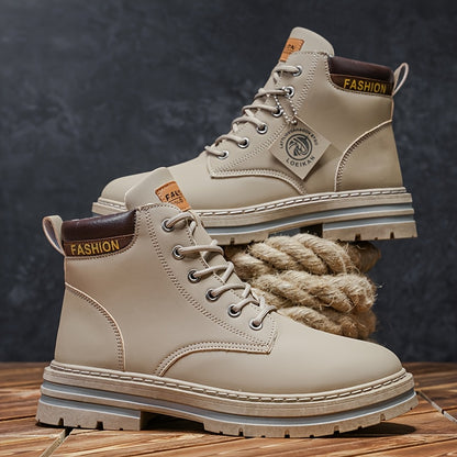 Men'S Olive Green Casual Boots - Comfortable Lace-Up Ankle Boots with Thick Cushioned PVC Sole, Round Toe & Breathable Fabric Lining for All-Season Wear, Everyday Footwear, Minimalist Design, Durable Construction