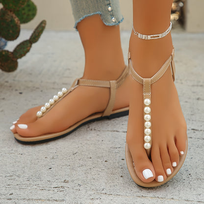 Women'S 2025 Summer Sandals - Beige Mary Jane Flat with Pearl Embellishments, Open Toe Design, Slip-On Closure, Synthetic Upper & Insole, TPR Sole, Perfect for Beach & Casual Attire, Beach Footwear | Elegant Footwear | Comfor