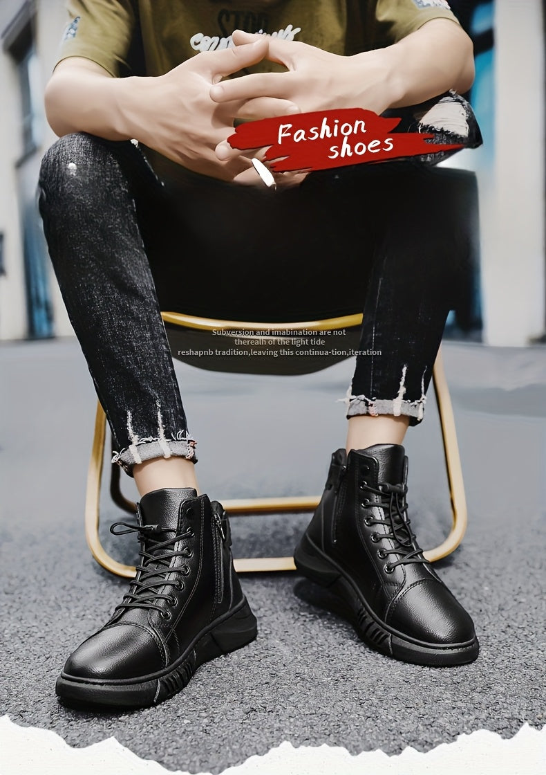 Men'S High-Top Ankle Boots - Genuine Upper, Lace-Up Closure, Durable PVC Sole, All-Season Versatile for Hiking, Casual & Outdoor Wear - Modern Streetwear Design, Hiking Boots, Sleek Boot Design