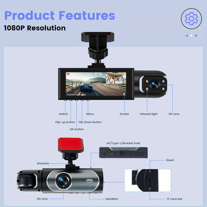 Podofo 2025 Latest 1080P Dual Dash Cam for Cars - Front & Inside Camera with 32GB Card, 8.03cm IPS Screen, IR Night Vision, 170° Wide Angle, Loop Recording, G-Sensor, Motion Detection, 24H Parking Mode - Perfect New Car, Hol