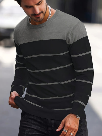 Men's Casual Striped Knit Pullover Sweater - Navy & White Contrast, Regular Fit H-Silhouette, Long Sleeve Crew Neck, Medium Stretch, Machine Washable for Spring & Fall, Mediumstretch Fabric