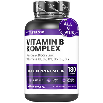 High-Dose Vitamin B Complex Vitastrong, 1 per Day, 180 Vitamin B Group Biotin, Thiamine Vitamin B1, Riboflavin B2, Niacin, Pantothenic Acid, Vitamin B6, B12