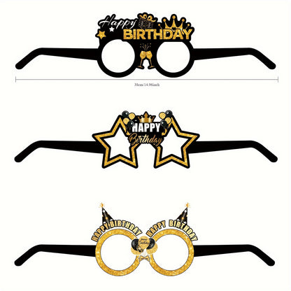 6pcs Happy Birthday Glasses - Golden & Black Novelty Eyewear Party Photo Props with Crown & Balloons Design, Perfect for Birthday Celebrations & Photo Booths, Birthday Accessories | Celebratory Eyewear | Durable Paper Props,