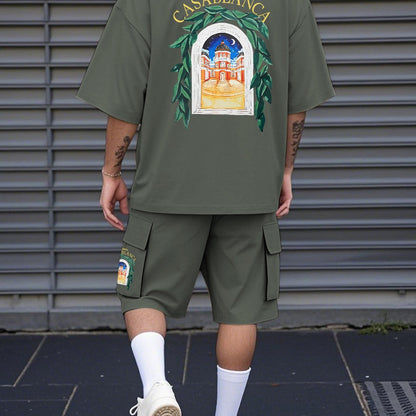 New Loose-Fitting Breathable Men'S Round Neck Short-Sleeved T-Shirt And Workwear Style Multi-Pocket Shorts Set Summer Leisure Sports Two-Piece Suit, Fashionable Sports Casual Versatile Tops And Pants for Men And Women
