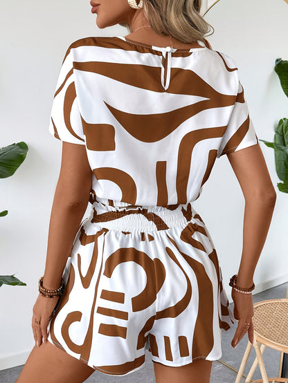Women'S Elegant Geometric-Patterned Suit with Applique Details - White and Brown, Spring/Summer Collection, Includes a Blazer, Blouse, and Shorts, Casual Attire|Geometric Pattern|Woven Fabri
