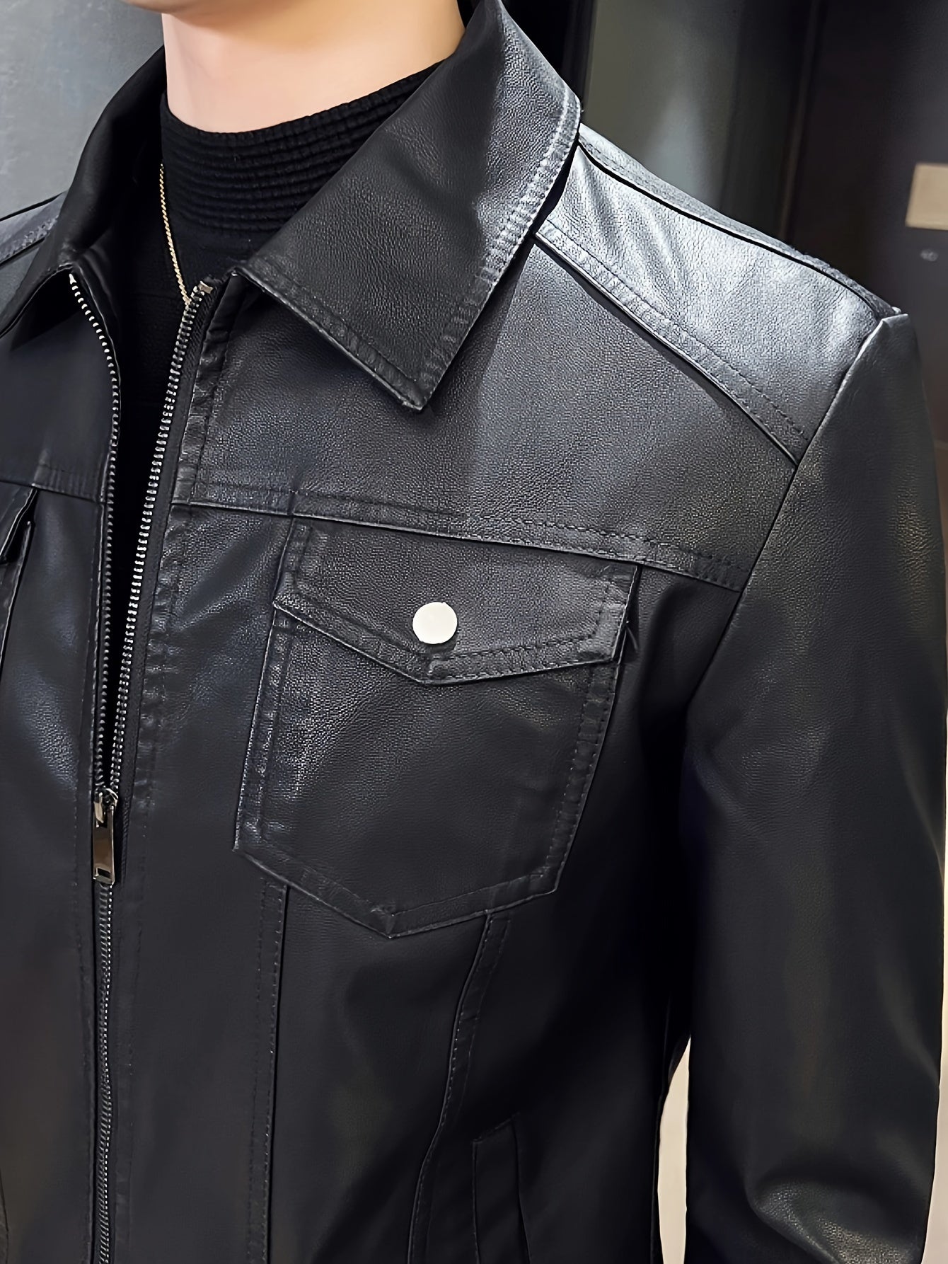 Men'S Slim-Fit Faux Leather Jacket - Black Casual Zip-Up Bomber with Lapel Collar, Long Sleeves, and Pockets for Autumn & Winter, Autumn Winter Jacket | Sleek Black Jacket | Polyester Lined Jacket