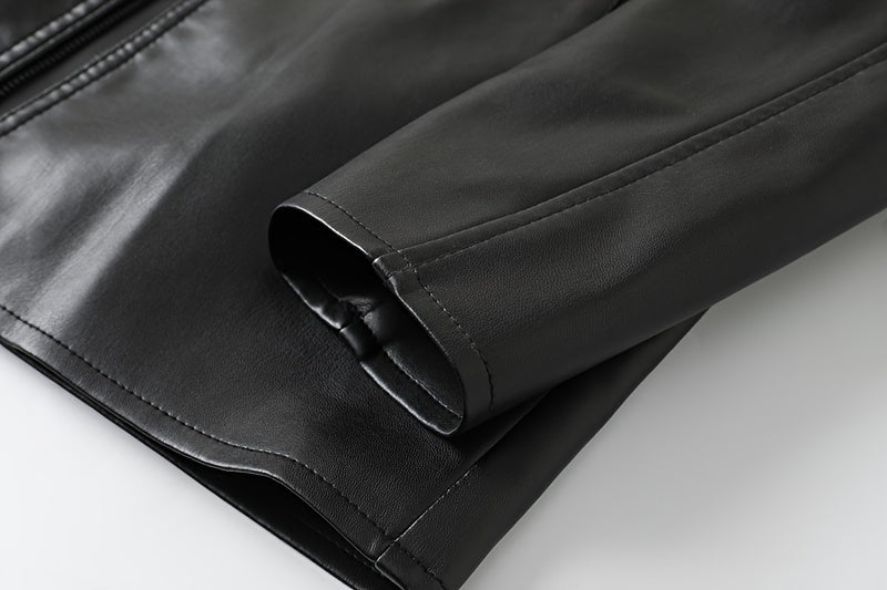 Men's Slim-Fit High Quality Windproof PU Leather Motorcycle Jacket - Vintage Bomber Style with Stand Collar, Ribbed Cuffs & Adjustable Drawstring, Softshell Casual Biker Outerwear, Casual Outerwear | Vintage Bomber Jacket | D