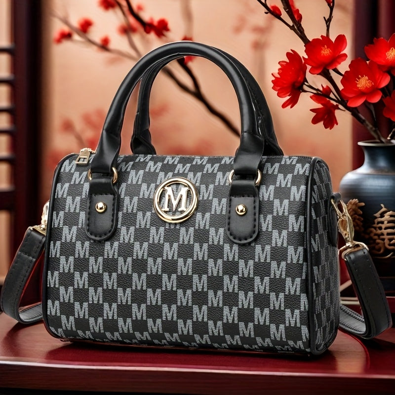 Perfect Lily Women'S Mini Shoulder Bag with Golden "M" Monogram - Elegant Houndstooth Design, Detachable Strap, Lightweight Synthetic Faux Leather Purse for Work, Travel, Parties & Gifts (White/Black/Brown), Small Crossbody B