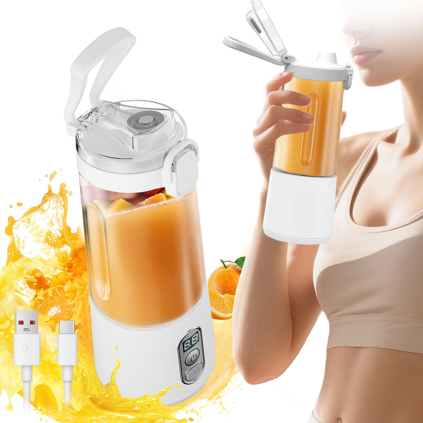USB Rechargeable Portable Blender with Digital Timer Display, 10-Cup Capacity, Detachable & Easy-Clean Design for Smoothies, Juices, Protein Shakes - Ideal for Gym, Travel, Home Use, Smoothie Blender Portable, Juice Preparati