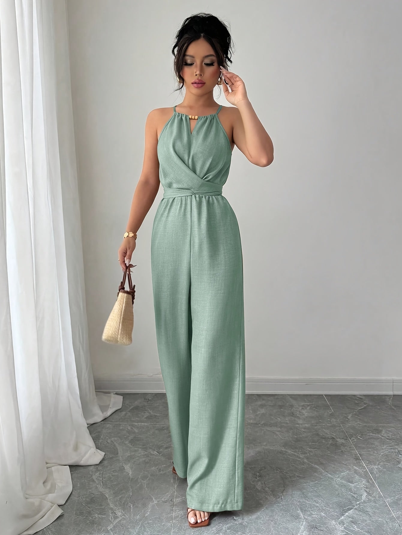 Women'S Elegant Off-Shoulder Twist Front Jumpsuit - Beige Wide-Leg Jumpsuit with Adjustable Waist Tie, Perfect for Spring & Summer Casual or Dressy Outfits, Casual Chic Wear | Offshoulder Fashion | Polyester Fabric