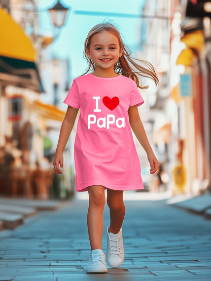 Youngsters' 'I Love Papa' Graphic Dress | Lavender Polyester-Spandex Blend | Breathable & Stretchy Short Sleeve Round Neck | Machine Washable | Casual Summer Outfit for Girls