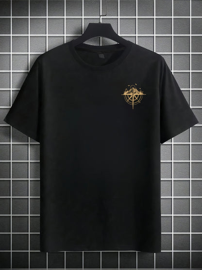 Men's Short Sleeve T-Shirt 100% Polyester Loose Fit Casual Round Neck Navy Blue with Golden Compass Rose Mountain Print - Summer Outdoor Adventure Graphic Tee, Modern Casual Top | Easy Care Clothing