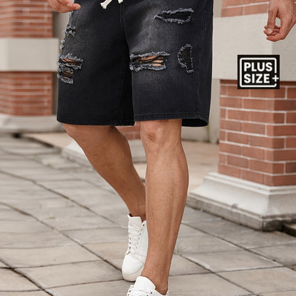 Men's Big & Tall Jeans Shorts - Non-Stretch Heavy-Duty Jeans Fabric, Drawstring Waistband, Loose Fit Casual Pants for Everyday & Formal Outfits - Machine Washable Denim Shorts, Relaxed Style, Distressed Look, Sturdy Construct