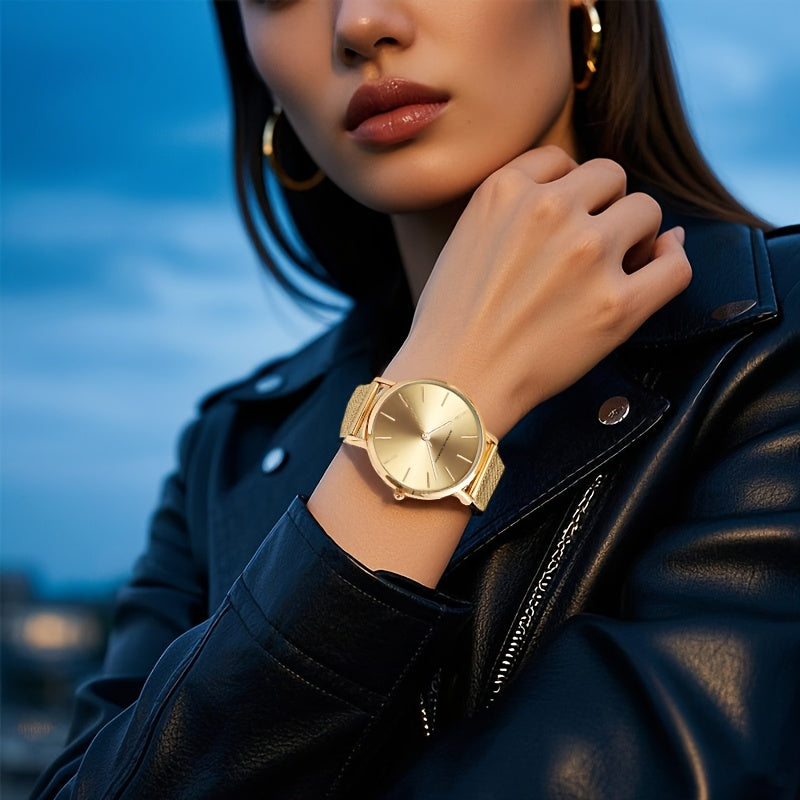 New Arrival 1pc Fashionable 's Rose Golden Watch, Golden & Silvery Stainless Steel Mesh Strap, Gorgeous Quartz Watch, Suitable for Daily Vacation Banquet Wear, Comes with Black Exquisite Box and Also Suitable as Gift - Girlfr
