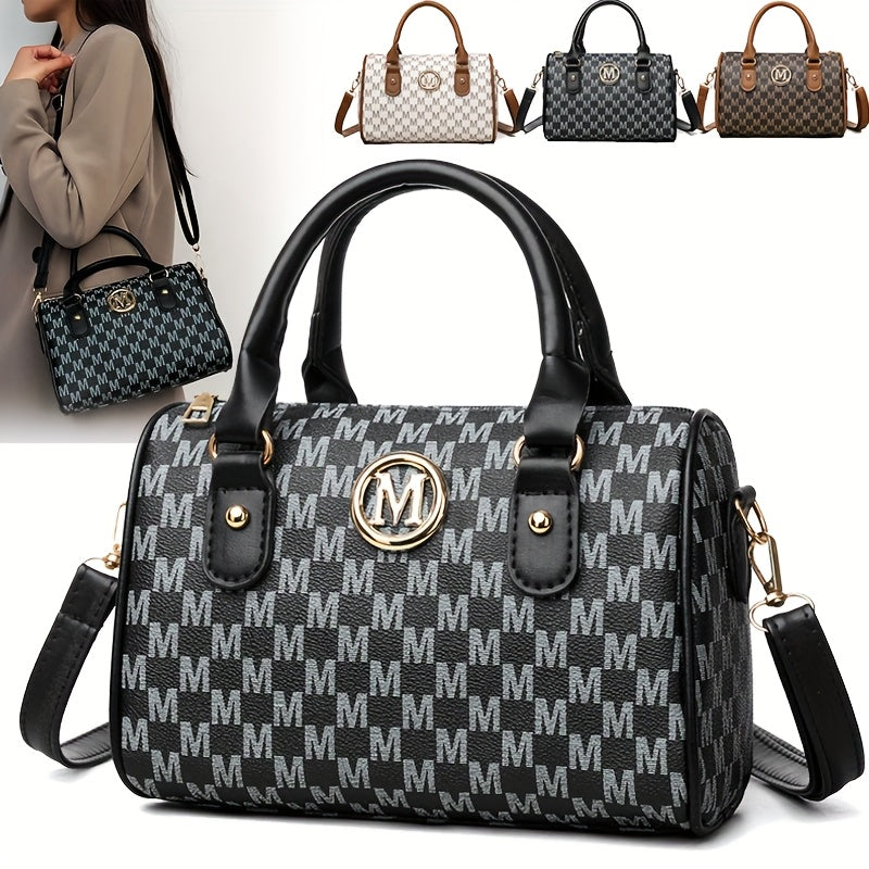 Perfect Lily Women'S Mini Shoulder Bag with Golden "M" Monogram - Elegant Houndstooth Design, Detachable Strap, Lightweight Synthetic Faux Leather Purse for Work, Travel, Parties & Gifts (White/Black/Brown), Small Crossbody B