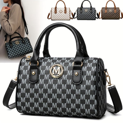 Perfect Lily Women'S Mini Shoulder Bag with Golden "M" Monogram - Elegant Houndstooth Design, Detachable Strap, Lightweight Synthetic Faux Leather Purse for Work, Travel, Parties & Gifts (White/Black/Brown), Small Crossbody B