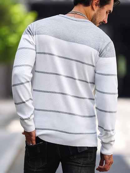 Men's Casual Striped Knit Pullover Sweater - Navy & White Contrast, Regular Fit H-Silhouette, Long Sleeve Crew Neck, Medium Stretch, Machine Washable for Spring & Fall, Mediumstretch Fabric