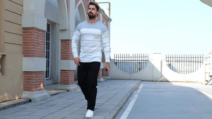 Men's Casual Striped Knit Pullover Sweater - Navy & White Contrast, Regular Fit H-Silhouette, Long Sleeve Crew Neck, Medium Stretch, Machine Washable for Spring & Fall, Mediumstretch Fabric