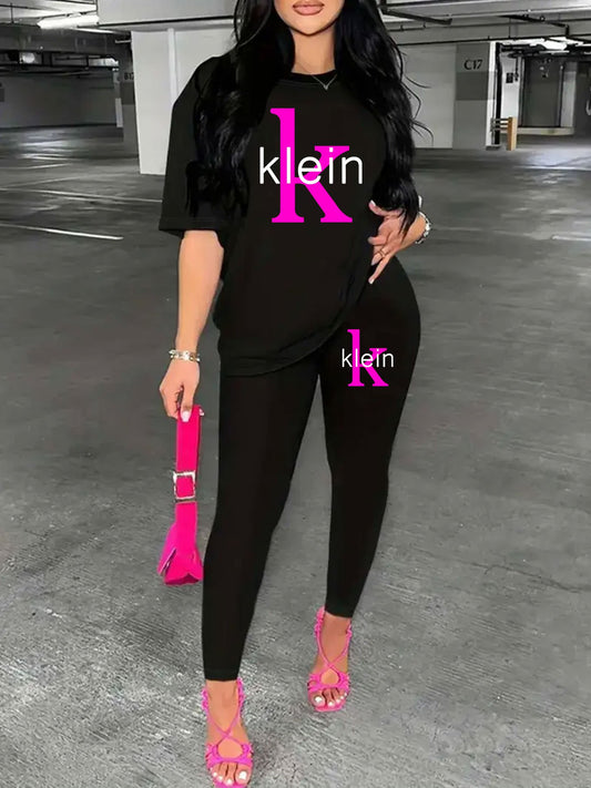 Women'S "Klein" Print Short Sleeve T-Shirt & Black Pants Two-Piece Set - Casual, Stretchy Fabric, Pink & Black Design, Spring/Summer Casual Wear, Casual Attire|Graphic Tee|Stretchy
