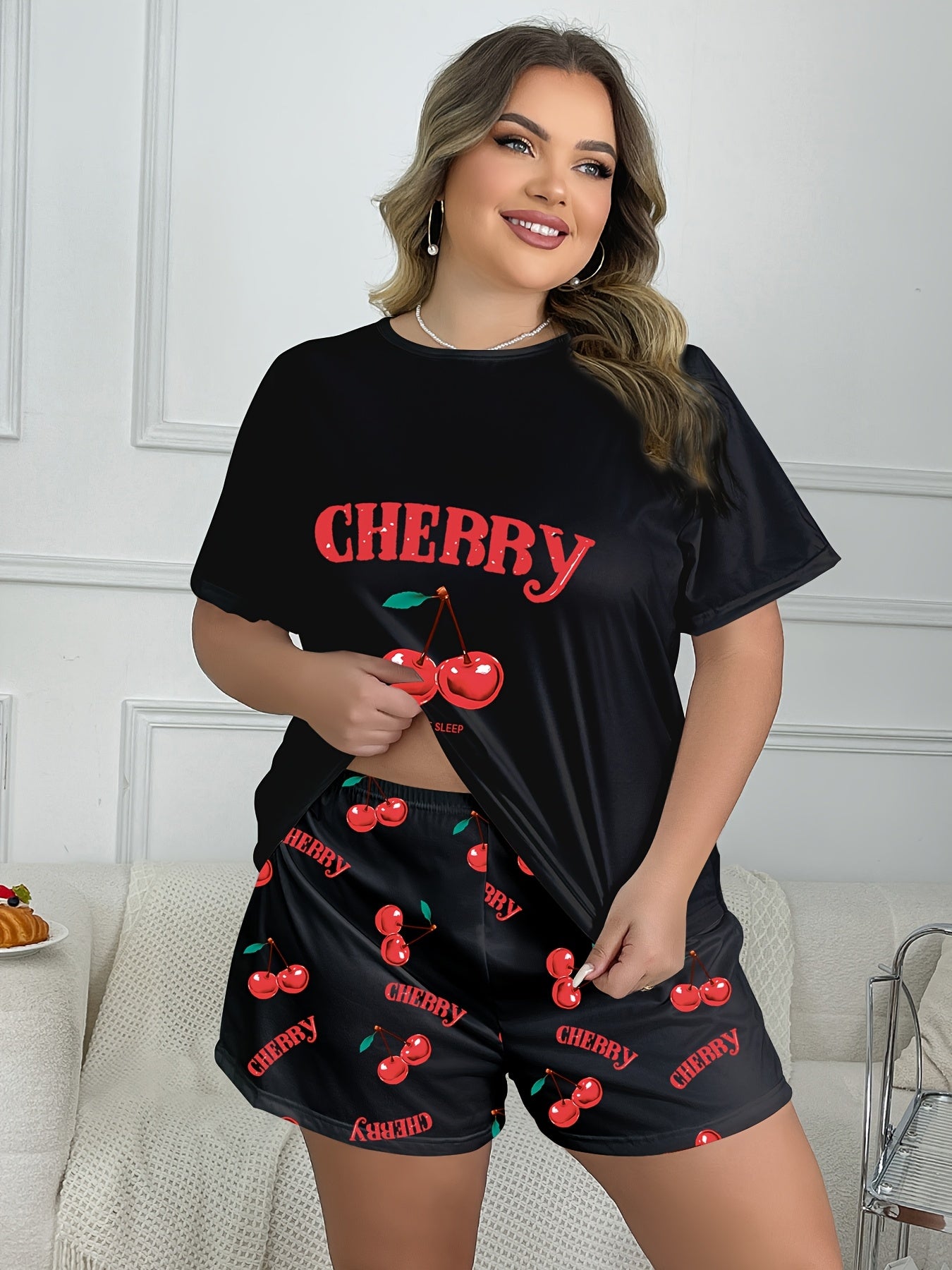 Women'S Plus Size Cherry Print Pajama Set - Soft Short Sleeve Top & Shorts, Loose Fit, Comfortable Fit for Spring/Summer, Plus Size Pajama