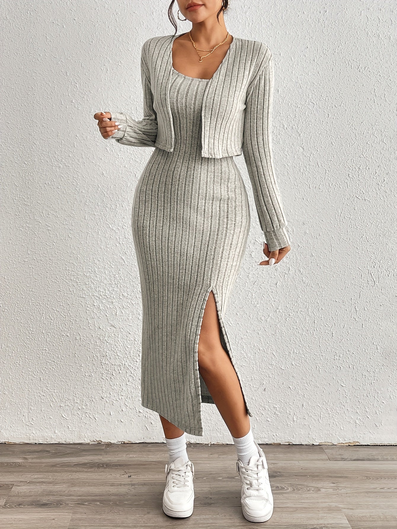 Simple y Fleece Two-Piece Dress and Jacket Set