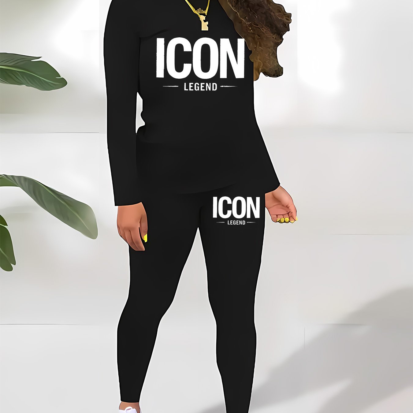‘ICON LEGEND’! Printed Casual Round Neck Long Sleeve T-Shirt and Pants Fashion Set, Letter Pattern Print, Suitable for All Seasons, Women’s Two-Piece Outfit, Ladies’ Pants Suit