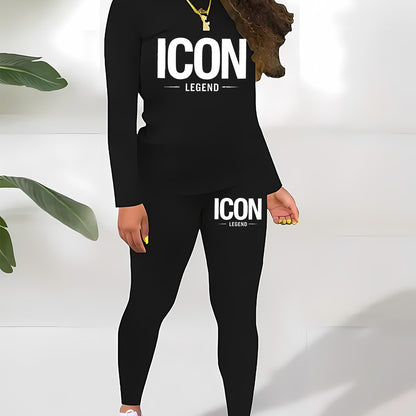 ‘ICON LEGEND’! Printed Casual Round Neck Long Sleeve T-Shirt and Pants Fashion Set, Letter Pattern Print, Suitable for All Seasons, Women’s Two-Piece Outfit, Ladies’ Pants Suit